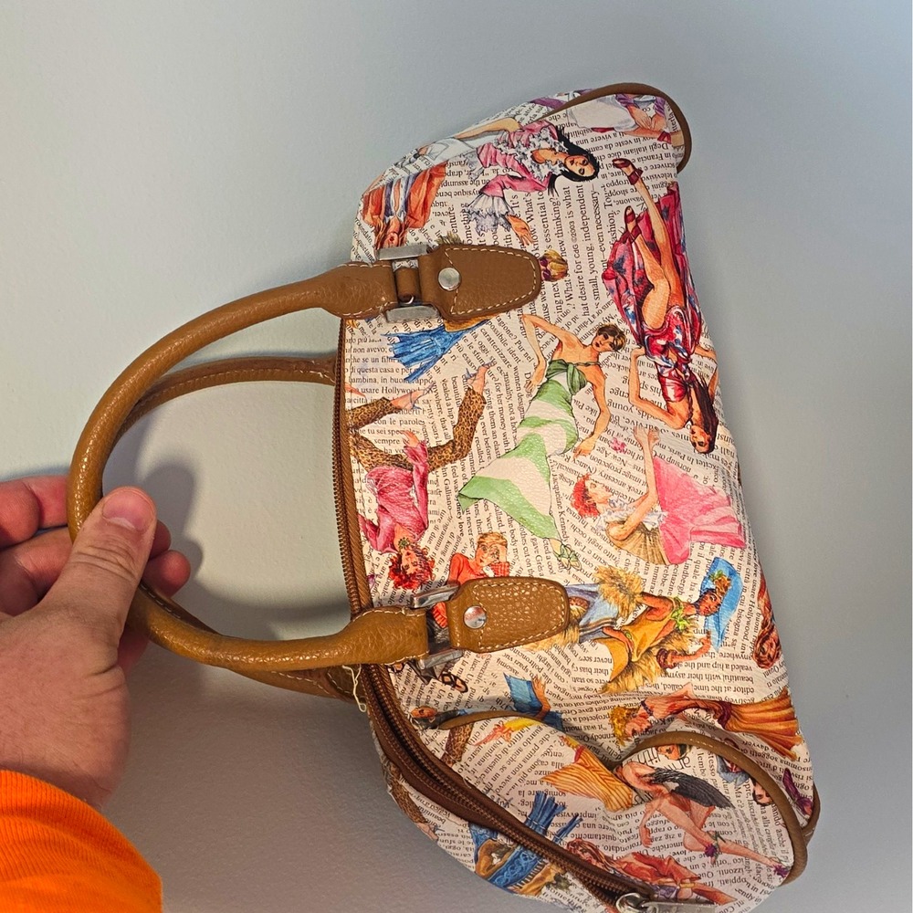 Sydney Love Newsprint Multicolor Satchel Top Handle Zip, Lined Pockets, Brown